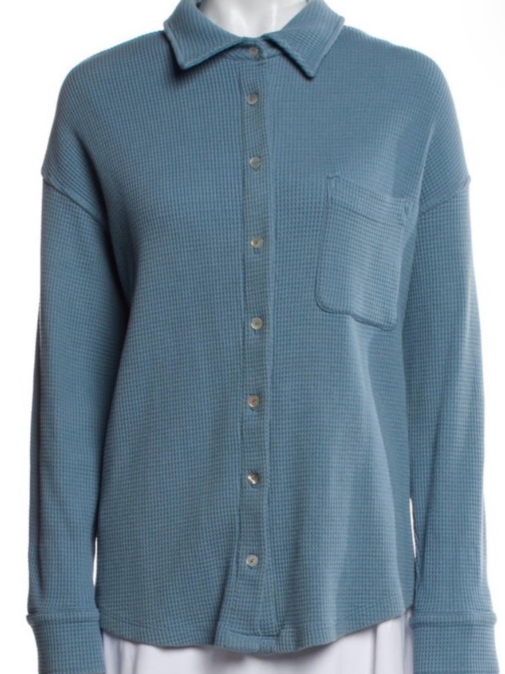 DONNI. Waffle-Knit Button-Down Shirt in Dusty Blue